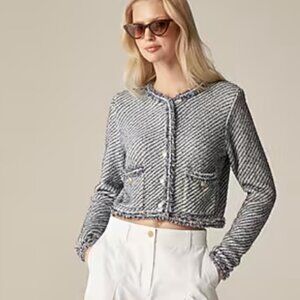 J. Crew Navy and White Cropped Tweed Cardigan